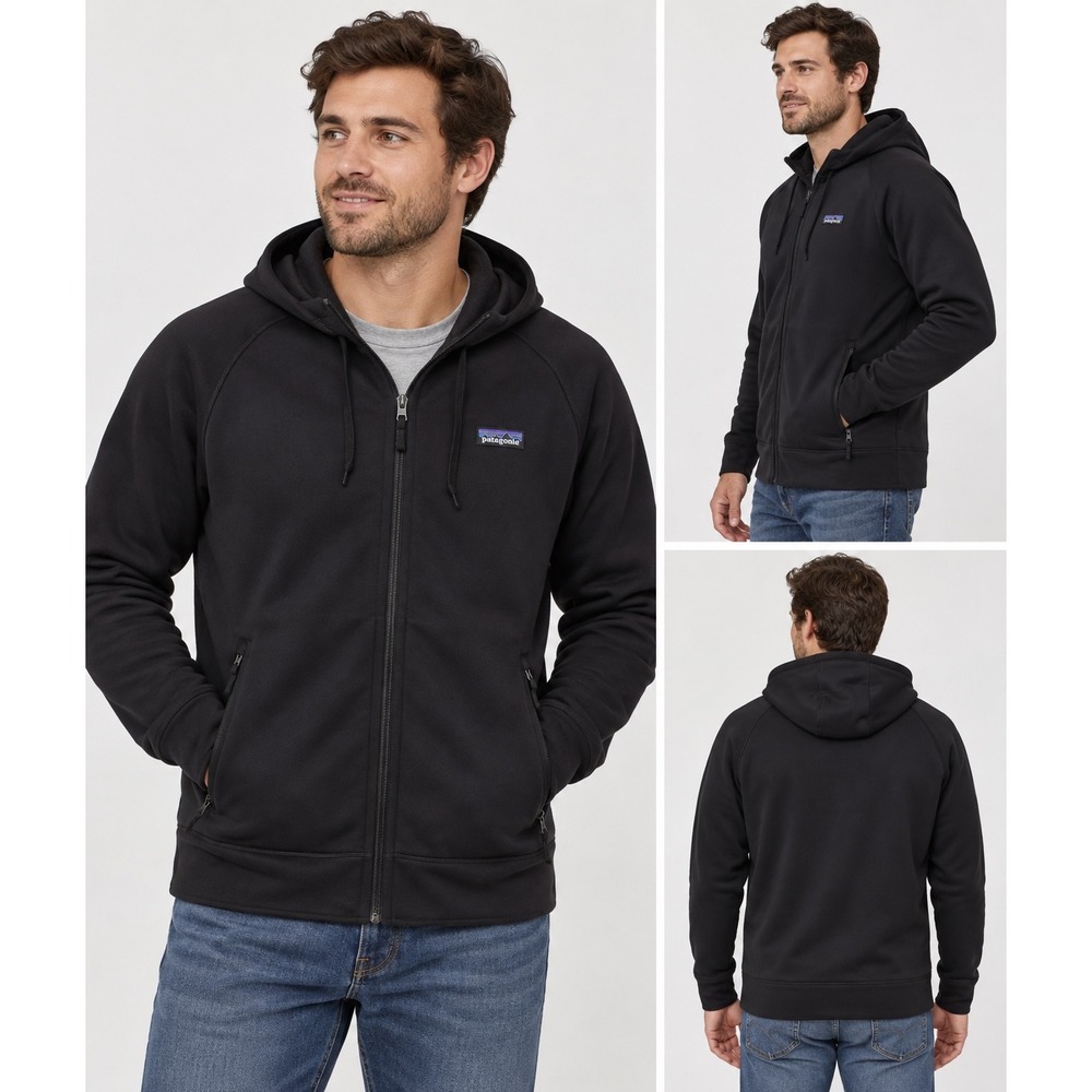 Patagonia Tech Fleece Hoodie Black Full Zip Outdoor Hiking LOGO Mens Small